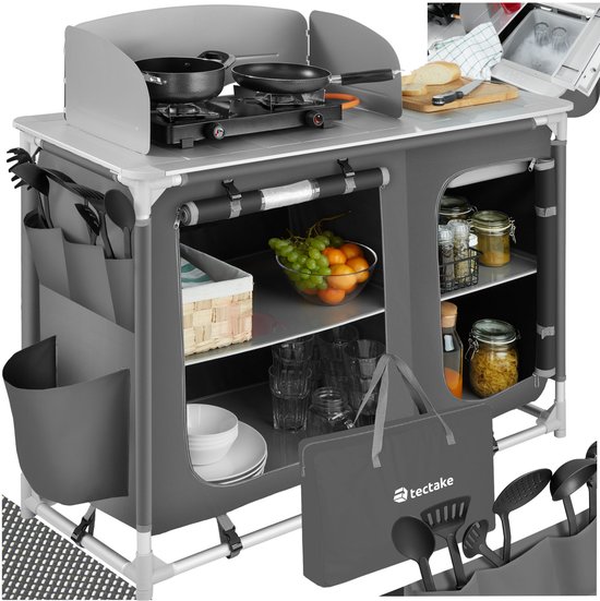 tectake® campingkeuken- opvouwbare campingkast- reiskeuken- keukenkast met werkblad en opbergvakken – voor caravan of autocamping - met draagtas - grijs van Tectake