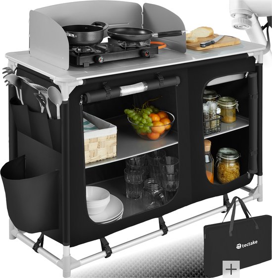 tectake® campingkeuken- opvouwbare campingkast- reiskeuken- keukenkast met werkblad en opbergvakken – voor caravan of autocamping - met draagtas - zwart van Tectake
