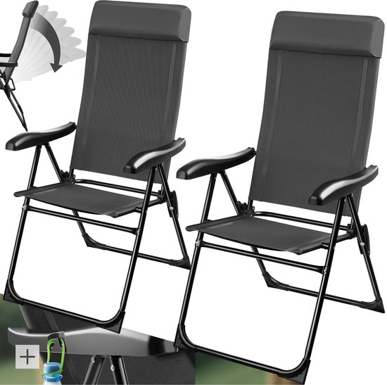tectake® Campingstoel - Inklapbaar - 7-voudig verstelbare rugleuning - Tuinstoel - Relaxstoel met ligstand - Staal met aluminium frame - Set van 2 - Antraciet van TecTake
