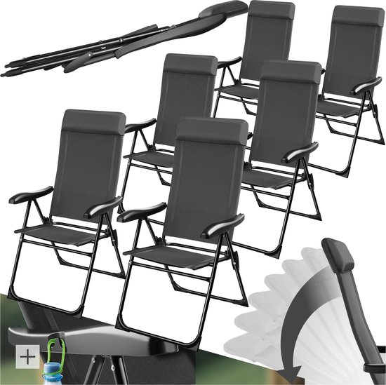 tectake® Campingstoel - Inklapbaar - 7-voudig verstelbare rugleuning - Tuinstoel - Relaxstoel met ligstand - Staal met aluminium frame - Set van 6 - Antraciet