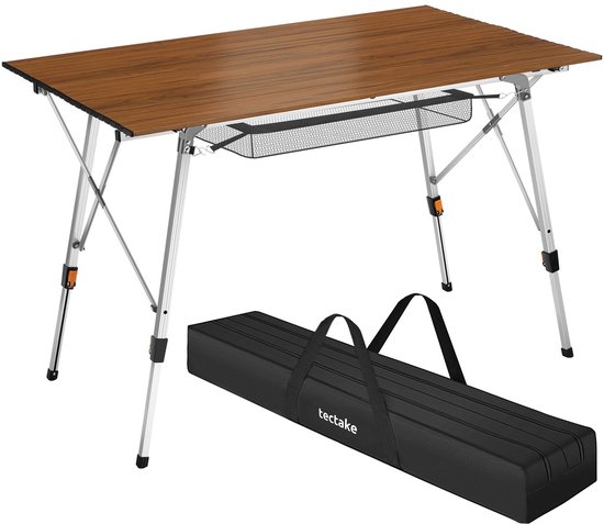 tectake® Campingtafel - 120 x 70,5 x 58 - 79 cm - Klaptafel van Aluminium - Oprolbaar xxl-tafelblad - Vouwtafel - Reistafel - Tuintafel - Weerbestendig - In hoogte verstelbaar - Draagtas - Inklapbaar - Houtlook van Merkloos