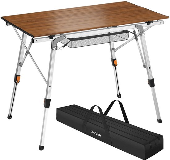 tectake® Campingtafel - 90 x 52 x 47 - 70 cm - Klaptafel van Aluminium - Oprolbaar Tafelblad - Vouwtafel - Reistafel - Tuintafel - Weerbestendig - In hoogte verstelbaar - Draagtas - Inklapbaar - Houtlook van Merkloos