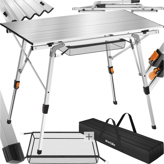 tectake® Campingtafel - Klaptafel van aluminium - Oprolbaar tafelblad - Opvouwbare campingtafel - Reistafel - Tuintafel - Weerbestendig - In hoogte verstelbare poten - Draagtas - Afmeting (LxBxH) 90 x 52 x 47 - 70 cm - Zilverkleurig van Merkloos