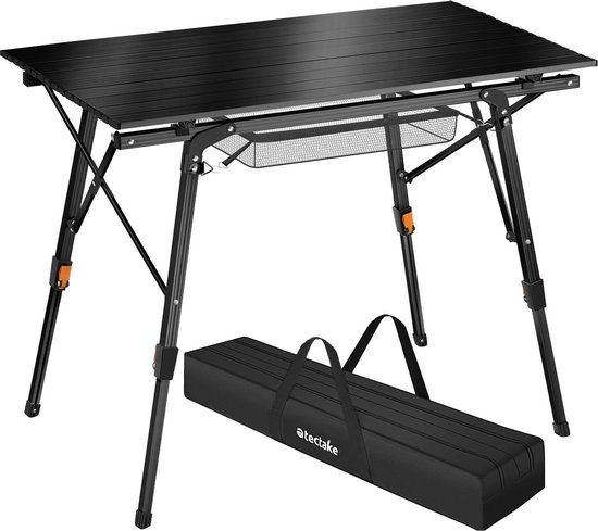 tectake® Campingtafel - Klaptafel van Aluminium, Opvouwbare Campingtafel - Reistafel, Opklapbare Tuintafel - Weerbestendig, Oprolbaar Tafelblad - In Hoogte Verstelbare Poten - Draagtas - 90 x 52 cm - Zwart van Tectake