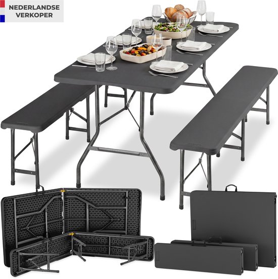 tectake® Campingtafel Set - Vouwtafel met Banken - 8 Personen - 180 cm - Inklapbare Picknicktafel - Klaptafel - Weerbestendig - Tuintafel - Biertafel - Antraciet