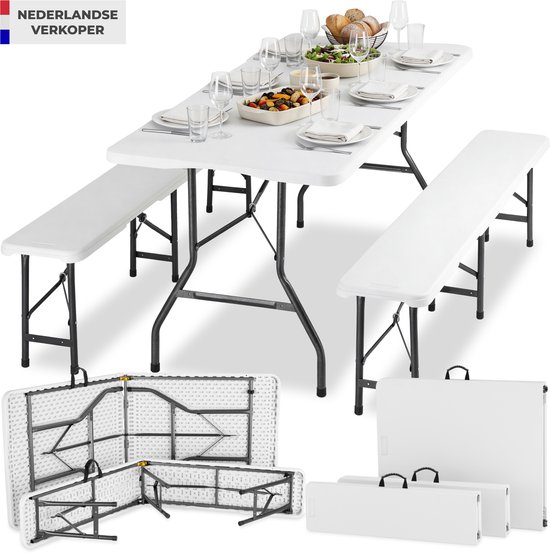 tectake® Campingtafel Set - Vouwtafel met Banken - 8 Personen - 180 cm - Inklapbare Picknicktafel - Klaptafel - Weerbestendig - Tuintafel - Biertafel - Wit