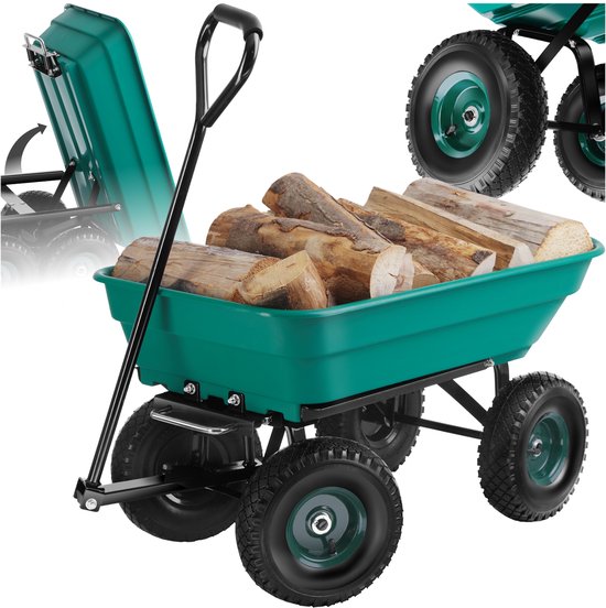 tectake® Handkar met Kantelfunctie - Soepele Stuuras, Luchtgevulde Rubber Banden - Kantelbare Handkar voor in de Tuin - Groen (Volume 52 L/Max Load 120 Kg) van Merkloos
