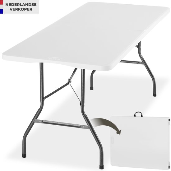 tectake® Inklapbare Campingtafel - 180 x 70 x 74 cm - Kampeertafel - Picknicktafel - Tuintafel - Weerbestendig - Buffettafel - Met Draaggreep - Wit