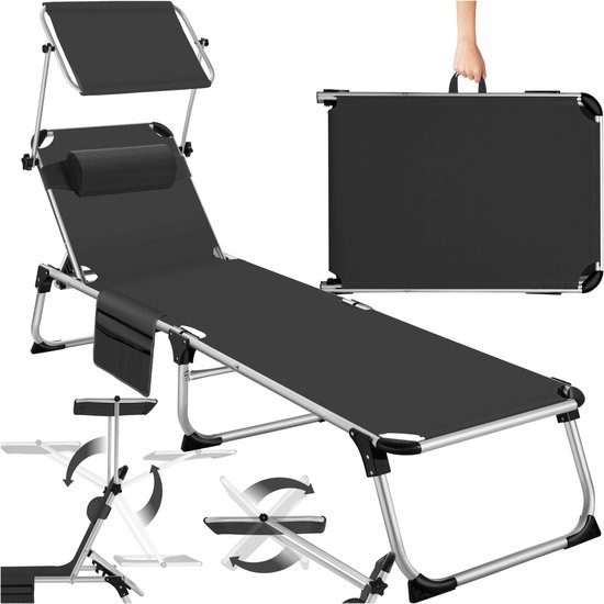 tectake® Ligbed Aurelie met zonneluifel en hoofdkussen - Ligstoel - Zonnebed - Opklapbare balkonligstoel van aluminium - Weerbestendige tuinligstoel voor tuin, balkon, camping en strand - Verstelbare rugleuning met kussen - Zwart van Merkloos