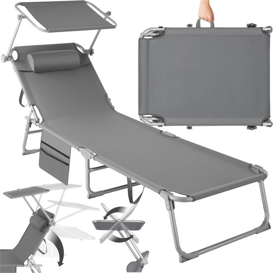 tectake® Ligbed met Zonnescherm - Zonnestoel - Ligstoel - 4 standen- Inklapbaar- Grijs - 68 x 190 x 28 cm - Met Zijvak