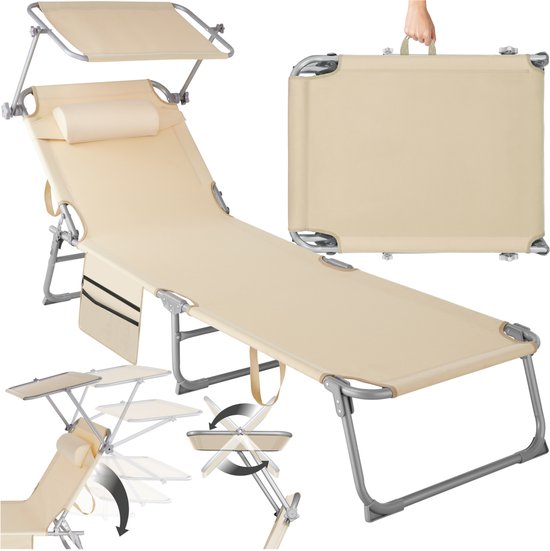 tectake® - ligbed Zonnestoel ligstoel - 4 standen , inklapbaar – beige - 68 x 190 x 28 cm, met zijvak van Tectake