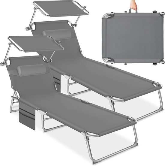 tectake® Ligbedden met Zonnescherm - Set van 2 Zonnebedden - 4 standen - Inklapbaar - Met Handgreep, Zijvak en Hoofdkussen - Grijs