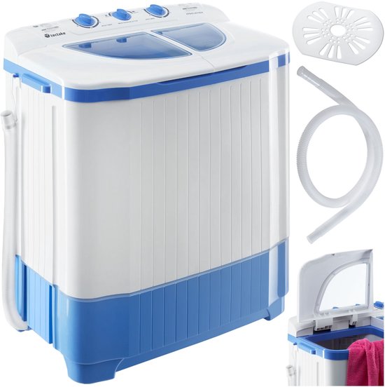tectake® Mini Wasmachine met dubbele trommel - Met Centrifuge - Was-Droogcombinatie - 4,5kg Wassen, 3,5kg Drogen - Zuinig en Stil - Inclusief Aansluitslang van TecTake