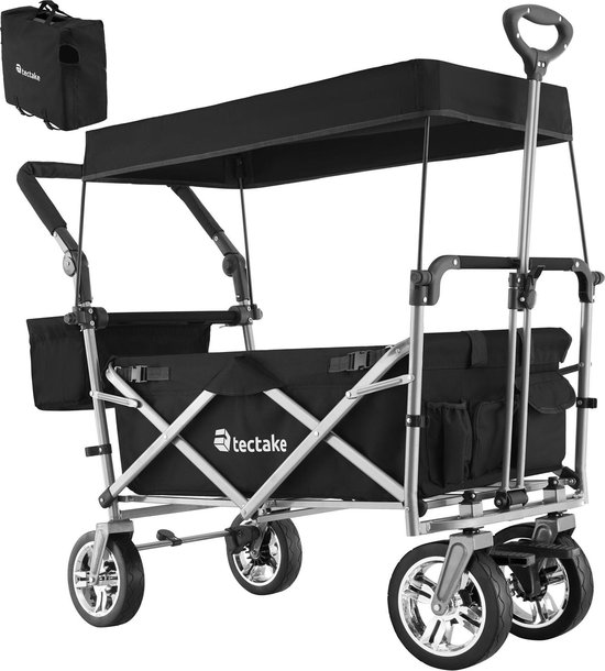 tectake® Opvouwbare Bolderkar met Dak, Remmen en Tassen – Strandkar, Outdoor Tuinkar, Transportkar tot 80 kg – Zwart van TecTake