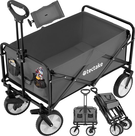 tectake® Opvouwbare handkar - Opvouwbare transportwagen - Met draagtas - Handkar om te trekken - Brede rubberen banden - Opvouwbare wagen voor transport - Voor naar het strand - Draagvermogen tot 80kg - Grijs
