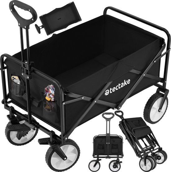 tectake® Opvouwbare handkar - Opvouwbare transportwagen - Met draagtas - Handkar om te trekken - Brede rubberen banden - Opvouwbare wagen voor transport - Voor naar het strand - Draagvermogen tot 80kg - Zwart