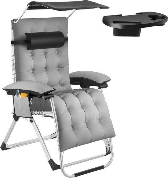 tectake® Opvouwbare Ligstoel Cloud met Zonnescherm - Tuinstoel met Tafeltje - Bekerhouder - Traploos Verstelbaar - Voor Balkon, Camping of Tuin - Relaxstoel met extra dik Kussen - Strandstoel - Ligbed - Div. kleuren - Grijs van Merkloos