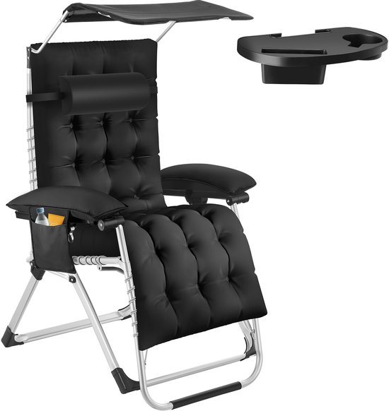 tectake® Opvouwbare Ligstoel Cloud met Zonnescherm - Tuinstoel met Tafeltje - Bekerhouder - Traploos Verstelbaar - Voor Balkon, Camping of Tuin - Relaxstoel met extra dik Kussen - Strandstoel - Ligbed - Div. kleuren - Zwart van Merkloos