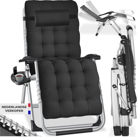 tectake® Opvouwbare Ligstoel Cloud - Tuinstoel met Tafeltje - Bekerhouder - Traploos Verstelbaar - Voor Balkon, Camping of Tuin - Relaxstoel met extra dik Kussen - Strandstoel - Ligbed - Div. kleuren - Zwart van Merkloos