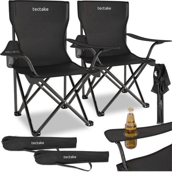 tectake® Set van 2 Campingstoelen - Klapstoel - Opvouwbare Visstoel met Armleuning en Bekerhouder - Inclusief Draagtas - Comfortabele Stoel voor Balkon, Tuin, Festival, Camping - Maximale belasting 100 kg - Afmeting (BxDxH) 80 x 48 x 84,5 cm - Zwart
