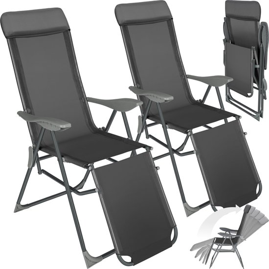 tectake® - Set van 2 klapstoelen - Aluminium tuinstoelen - Inklapbaar met hoofdsteun en voetensteun - Ligstoelen voor in de tuin, terras of balkon - Campingstoel - Antraciet van Merkloos