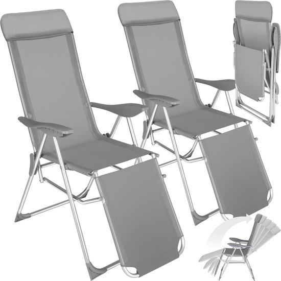 tectake® - Set van 2 klapstoelen - Aluminium tuinstoelen - Inklapbaar met hoofdsteun en voetensteun - Ligstoelen voor in de tuin, terras of balkon - Campingstoel - Grijs van Merkloos