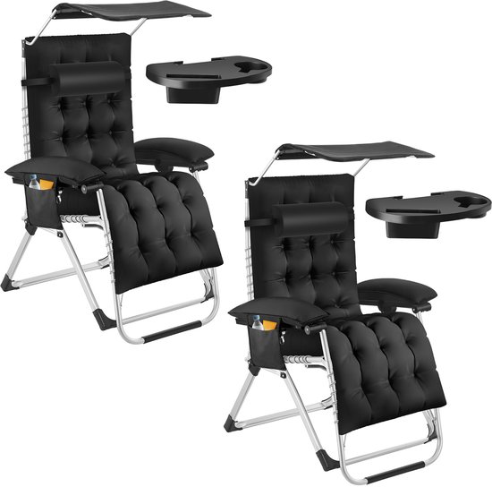 tectake® set van 2 Opvouwbare Ligstoelen Cloud met Zonnescherm - Tuinstoelen met Bijzettafels - Traploos Verstelbaar - Voor Balkon, Camping of Tuin - Relaxstoelen met extra dik Kussen - Strandstoelen - Ligbed - Div. kleuren - Zwart van Merkloos
