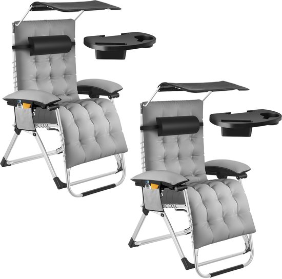 tectake® set van 2 Opvouwbare Ligstoelen Cloud met Zonnescherm - Tuinstoelen met Tafeltje - Bekerhouder - Traploos Verstelbaar - Voor Balkon, Camping of Tuin - Relaxstoelen met extra dik Kussen - Strandstoelen - Ligbed - Div. kleuren - Grijs van Merkloos