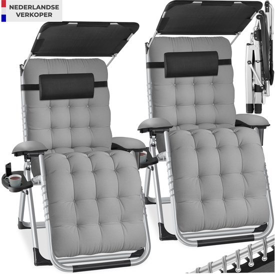 tectake® set van 2 Opvouwbare Ligstoelen Cloud met Zonnescherm - Tuinstoelen met Tafeltje - Bekerhouder - Traploos Verstelbaar - Voor Balkon, Camping of Tuin - Relaxstoelen met extra dik Kussen - Strandstoelen - Ligbed - Div. kleuren - Grijs van TecTake