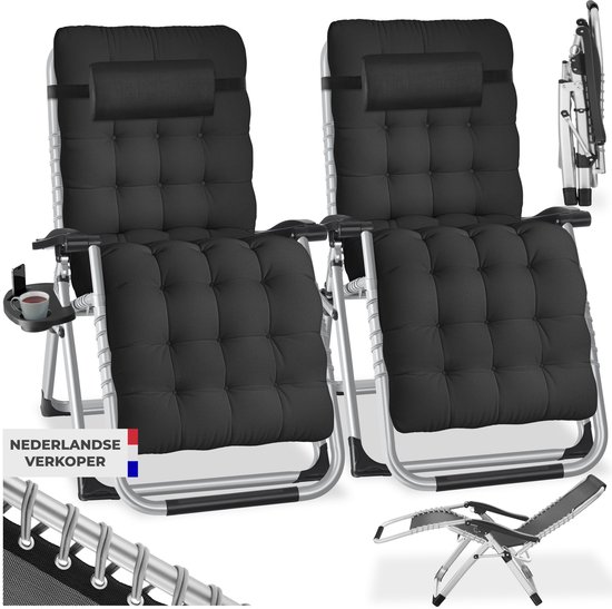 tectake® set van 2 Opvouwbare Ligstoelen Cloud - Tuinstoelen met Bijzettafels - Traploos Verstelbaar - Voor Balkon, Camping of Tuin - Relaxstoelen met extra dik Kussen - Strandstoelen - Ligbed - Div. kleuren - Zwart van Merkloos