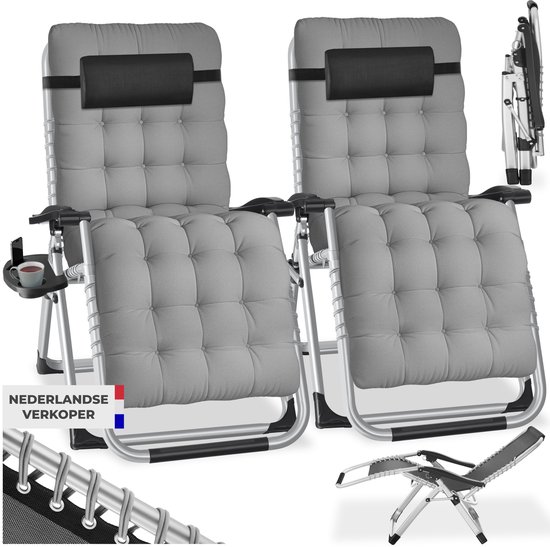 tectake® set van 2 Opvouwbare Ligstoelen Cloud - Tuinstoelen met Tafeltje - Bekerhouder - Traploos Verstelbaar - Voor Balkon, Camping of Tuin - Relaxstoelen met extra dik Kussen - Strandstoelen - Ligbed - Div. kleuren - Grijs van Merkloos