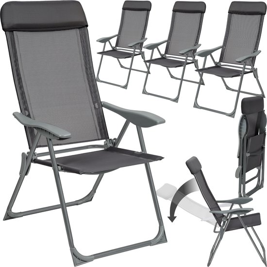 tectake®- Set van 4 Tuinstoelen met Hoge Rugleuning - Aluminium - Klapstoel 5-voudig Verstelbaar met Armleuningen - Fauteuil met Ligfunctie - Tuinmeubelen voor Terras en Camping - Antraciet van TecTake