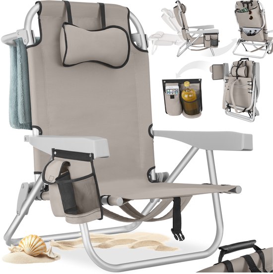 tectake® Strandstoel Coral - Opvouwbare Campingstoel met Koeltas en Opbergtas - 5-voudig Verstelbare Rugleuning met Hoofdkussen - Brede Armleuningen met Bekerhouder / Telefoonhouder - Inklapbare Kampeerstoel - Beige van Merkloos