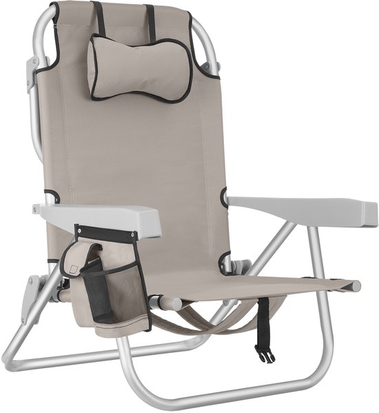 tectake® Strandstoel Coral - Opvouwbare Campingstoel met Koeltas en Opbergtas - 5-voudig Verstelbare Rugleuning met Hoofdkussen - Brede Armleuningen met Bekerhouder / Telefoonhouder - Inklapbare Kampeerstoel - Beige