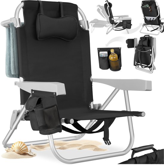 tectake® Strandstoel Coral - Opvouwbare Campingstoel met Koeltas en Opbergtas - 5-voudig Verstelbare Rugleuning met Hoofdkussen - Brede Armleuningen met Bekerhouder / Telefoonhouder - Inklapbare Kampeerstoel - Zwart van Merkloos