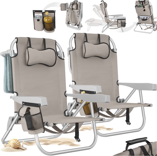 tectake® Strandstoelen Coral - Set van 2 Opvouwbare Campingstoelen met Koeltas en Opbergtas - 5-voudig Verstelbare Rugleuning met Hoofdkussen - Brede Armleuningen met Bekerhouder / Telefoonhouder - Inklapbare Kampeerstoel - Beige van Merkloos