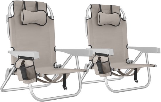 tectake® Strandstoelen Coral - Set van 2 Opvouwbare Campingstoelen met Koeltas en Opbergtas - 5-voudig Verstelbare Rugleuning met Hoofdkussen - Brede Armleuningen met Bekerhouder / Telefoonhouder - Inklapbare Kampeerstoel - Beige
