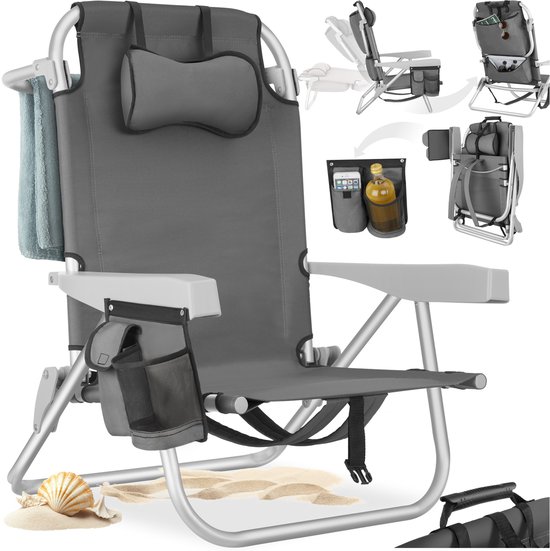 tectake® Strandstoelen Coral - Set van 2 Opvouwbare Campingstoelen met Koeltas en Opbergtas - 5-voudig Verstelbare Rugleuning met Hoofdkussen - Brede Armleuningen met Bekerhouder / Telefoonhouder - Inklapbare Kampeerstoel - Grijs van Merkloos