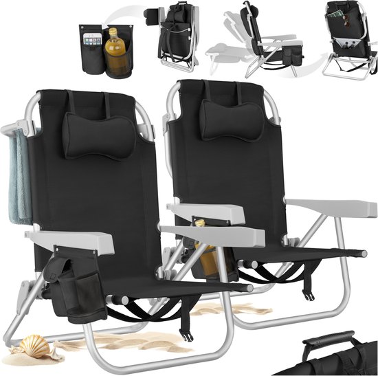tectake® Strandstoelen Coral - Set van 2 Opvouwbare Campingstoelen met Koeltas en Opbergtas - 5-voudig Verstelbare Rugleuning met Hoofdkussen - Brede Armleuningen met Bekerhouder / Telefoonhouder - Inklapbare Kampeerstoel - Zwart van Merkloos