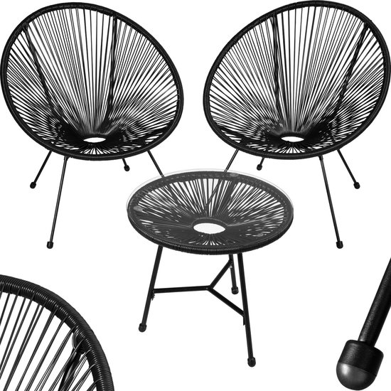 tectake - Tuinmeubel-bistroset - 2 stoelen en 1 tafel - Retro Egg Chairs in Acapulco-stijl - Weerbestendig binnen- en buitengebruik - Zwart van TecTake