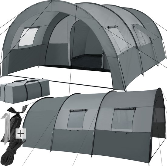 tectake® - Tunneltent voor 6 personen - Familietent op stahoogte - Voortent - Campingtent grote slaapcabine met grondzeil - 4 ramen, waterafstotend, 480 x 350 x 195 cm, donkergrijs/lichtgrijs van TecTake