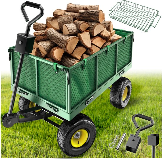 tectake® XXL Bolderkar met Luchtbanden - Tuinkar - Transportwagen - Handkar met 550 kg Capaciteit - Incl. Dekzeil, Afneembaar Handvat en Scharnierende Zijpanelen van TecTake