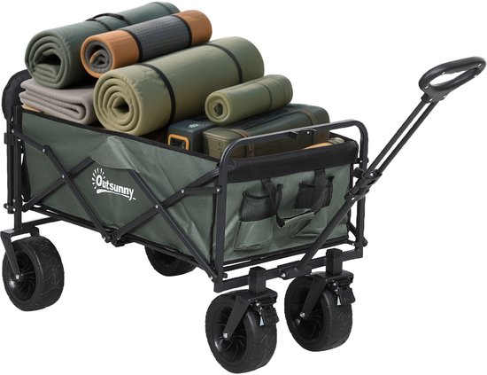 TEKROA® Outdoor Bolderkar - Opvouwbare tuinkar - van 95 liter met openklapbaar paneel - staal en polyester - 125x48x78-102 cm - groen