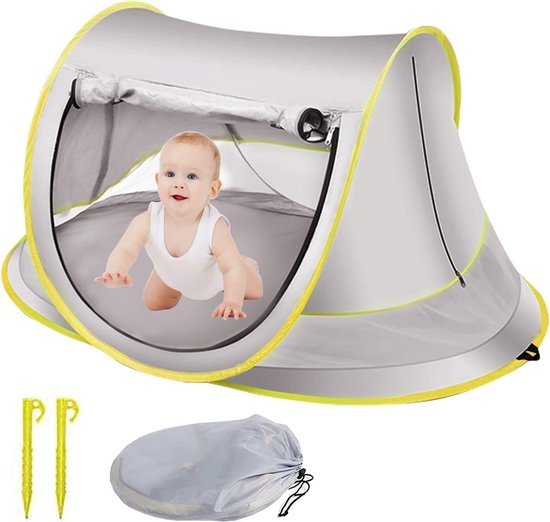 Tent - Baby tent - Baby tent strand - Kinderstrandtent - UV50+ zonbeschermingstent - Draagbaar babybedje - 110*70*50 cm - Grijs met fluorescerend groen - 190T zilverkleurig gecoat textiel