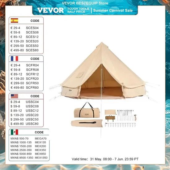 Tent - Camping - Bell tent - Canvas - 3 meter - 4 seizoenen - 6 personen van T