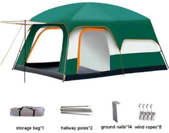 Tent-Camping tent-Tunnelcampingtent voor 3-12 Personen -2 kamer kampeertent met slaapcabine- UV-bescherming- waterdicht- opvouwbaar-Groen. van Merkloos