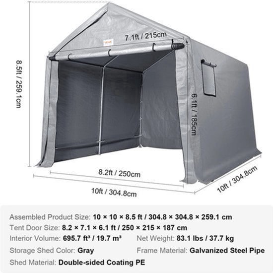 Tent - Carport Vervangende Overkapping - Garage Top Tent - Draagbare Berging - Berging Voor Auto, Pickup Truck - Grijs - Buiten Berging - 10FTX15FT - Waterdicht - Zwaargewicht All-Season