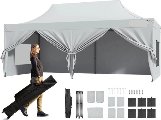 Tent - Luifel - Campingtent - Partytent - Pop-up luifel - Instant luifel - Verwisselbare zijwanden - Draagbaar - Gazebo UV-bestendig - Waterdichte tenten voor buitenevenementen Party - 10x20ft - Zilver van Merkloos
