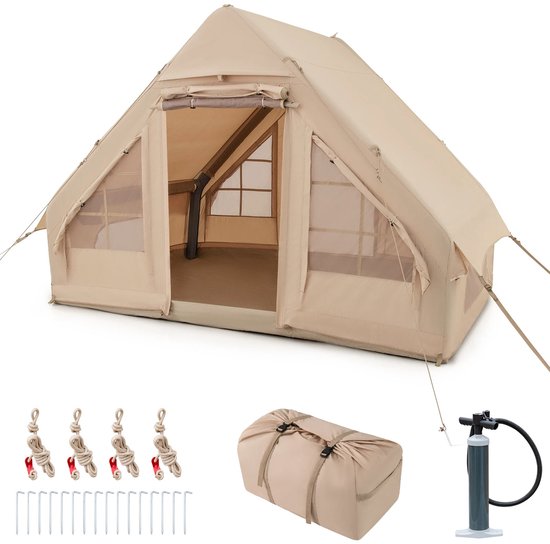 Tent - Luxe Tent - Familietent - Opblaasbare Kampeertent - 4-Persoons Familietent - Glamping Tent - Met Luchtpomp - Luxe Outdoor Tent - Waterdicht - Snel Opblaasbaar - Incl. Draagtas & Accessoires - Beige - 295x202x200 cm - Sterk & Duurzaam