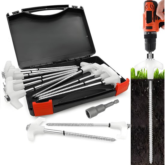 Tentharingen - Schroefharingen - 20 stuks - RVS - met Adapter - Robuuste grondspijkers - Spijkerkoppen met lichtgevende - Opbergdoos van Orange85